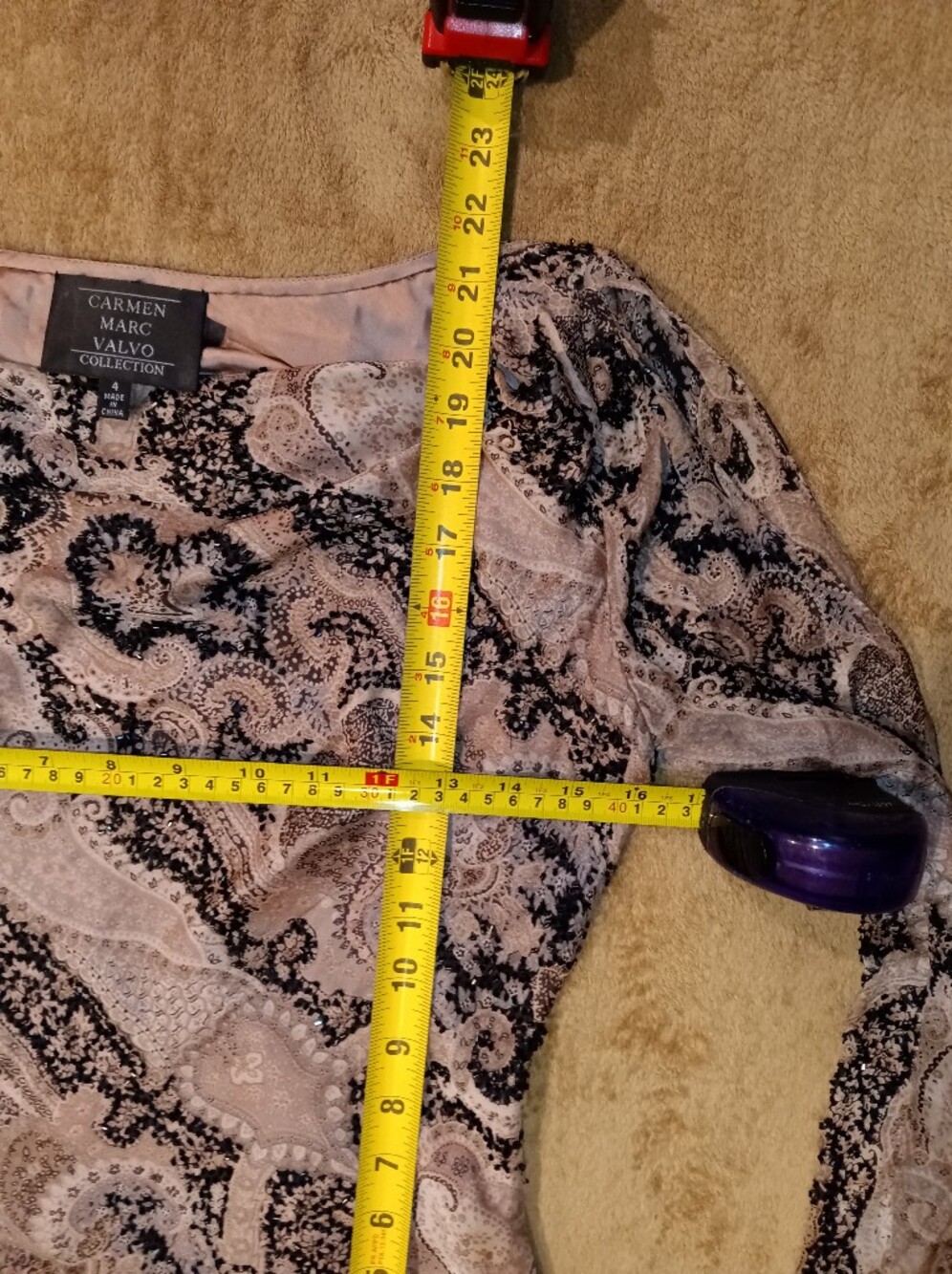 Carmen Marc Valvo Rose Gold and Black Paisley Cowl Neck Blouse - Picture 7 of 7